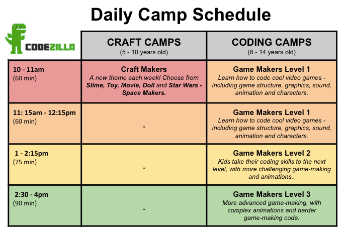 Codezilla Summer Camp 2021 Schedule